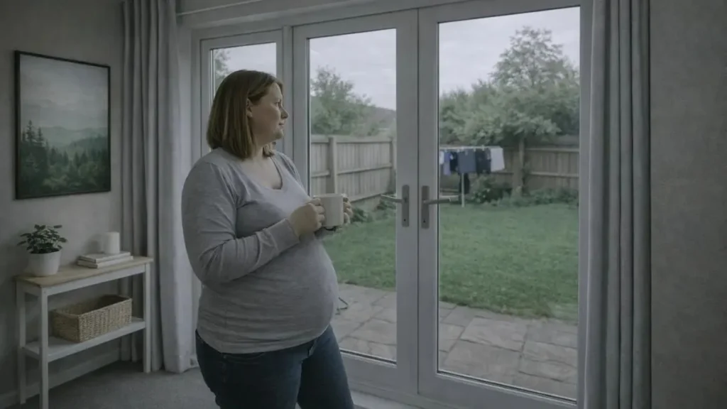Expectant mother standing by patio door in a normal UK home looking outside thoughtfully during pregnancy