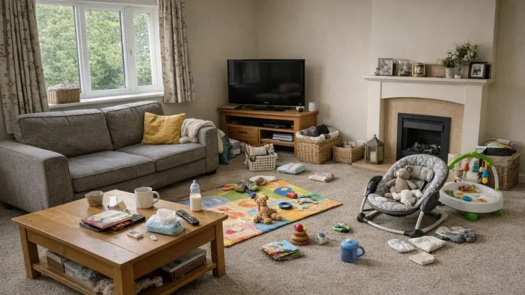 Everyday baby items in a real family home.
