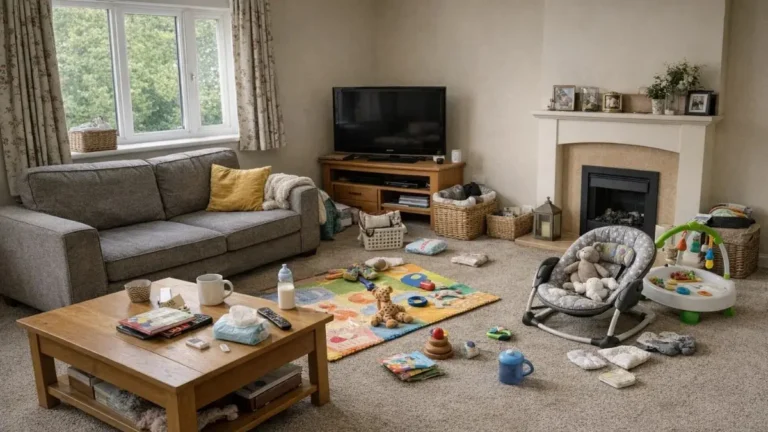 Everyday baby items in a real family home.