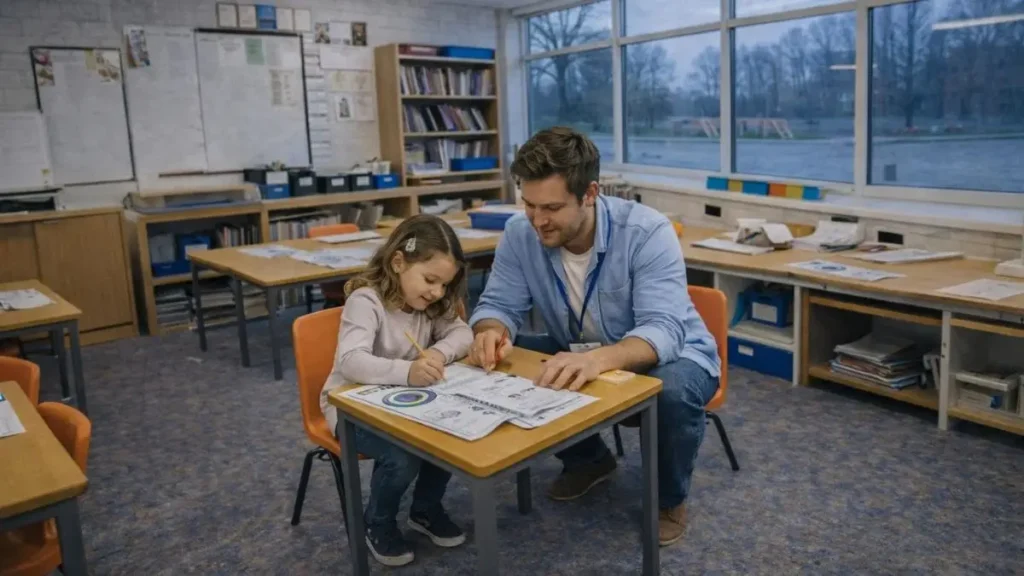 What UK schools mean by ‘emotional resilience’ 3 Primary school teacher helping a young pupil with classwork at a desk in a UK classroom
