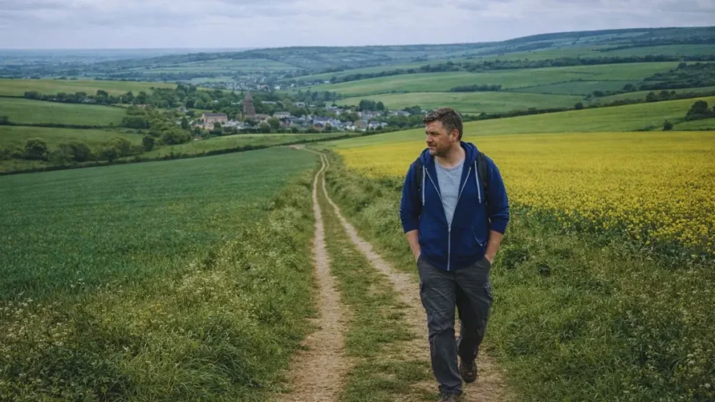 How to spot burnout creeping up before it takes over 3 Father walking alone along a countryside path with a village in the distance, taking quiet time away from daily pressures