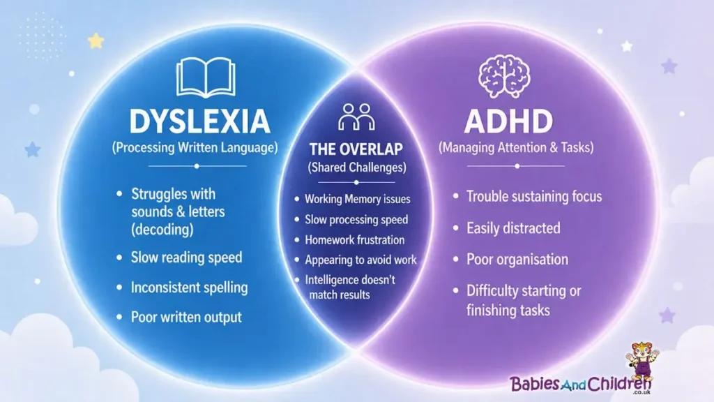 Venn diagram showing overlap between Dyslexia and ADHD with shared challenges like working memory and processing speed.