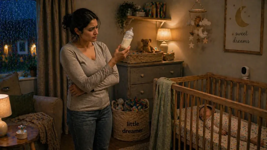 Mum looking at baby bottle while baby sleeps in cot.