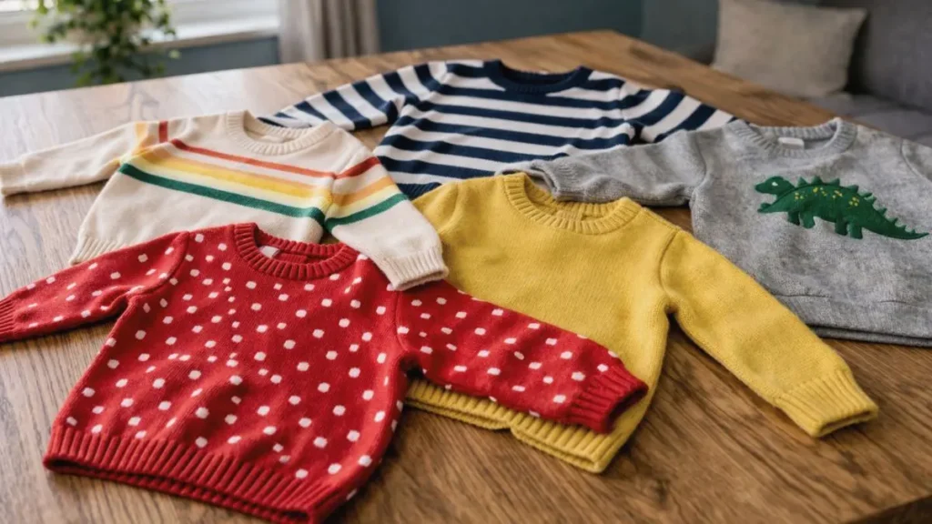 Colourful baby clothes spread out on a table ready to be grouped into bundles.