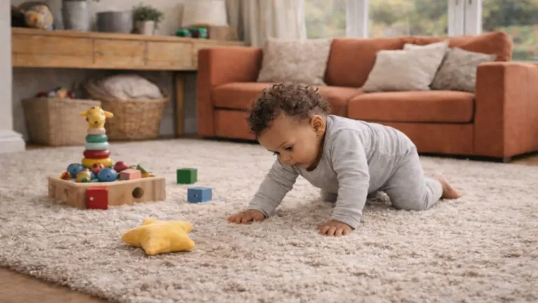 Baby crawling on a carpet in a realistic UK living room with toys nearby.