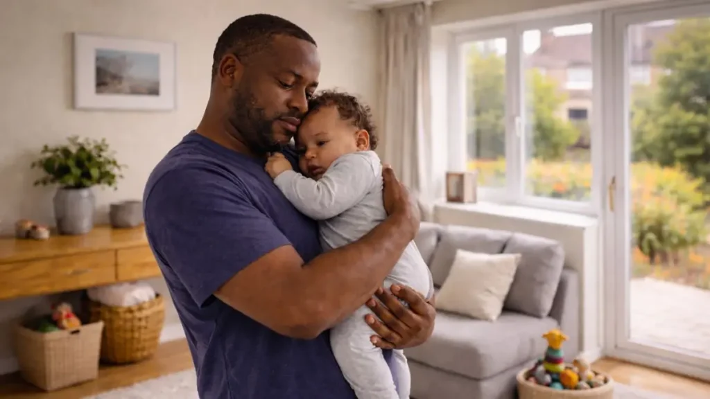 Parent holding a clingy baby during the day in a lived-in UK home.
