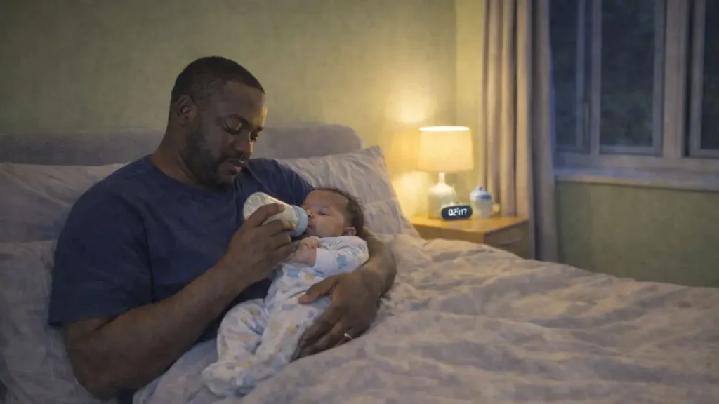 Dad feeding baby at night in a softly lit UK bedroom.