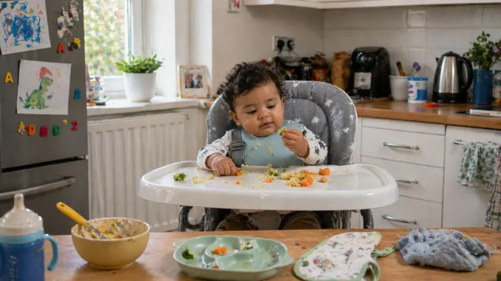 Baby self feeding finger foods in highchair.