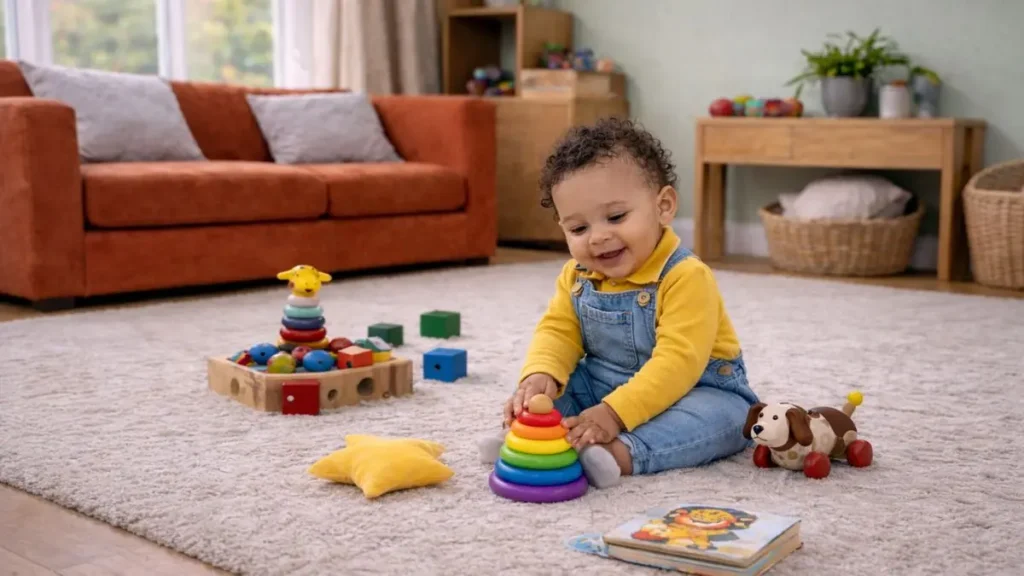 Baby sitting upright on a carpet in a UK living room with toys nearby.