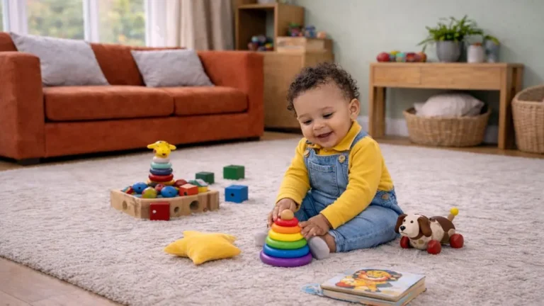 Baby sitting upright on a carpet in a UK living room with toys nearby.