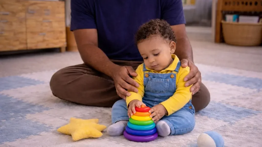Baby sitting with gentle support from a parent’s hands on a soft floor mat.