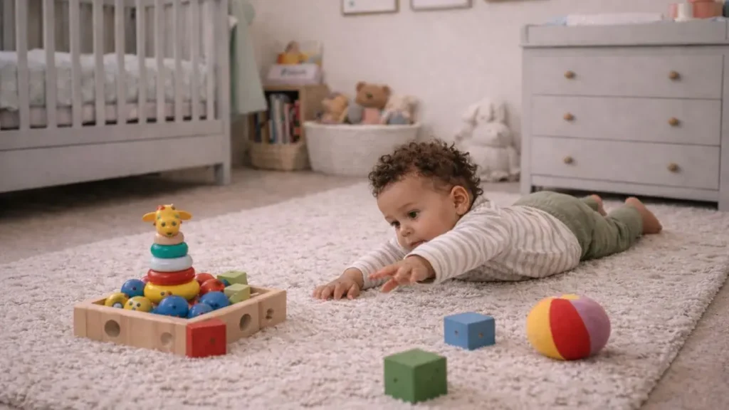 Baby lying on tummy reaching forward towards a toy on a soft rug.