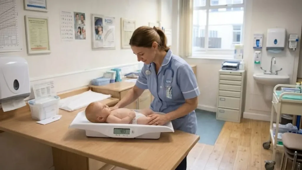 Health visitor weighing a baby on scales in a UK clinic.