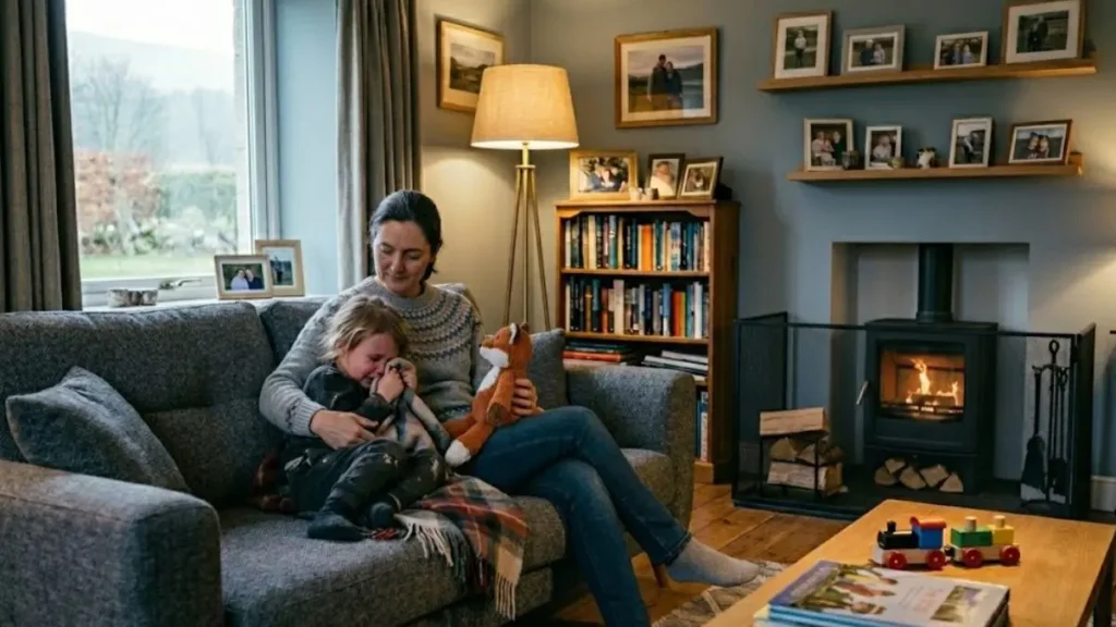 When your child is overwhelmed: what actually helps (short version) 2 Parent sitting calmly beside an overwhelmed child in a quiet room.