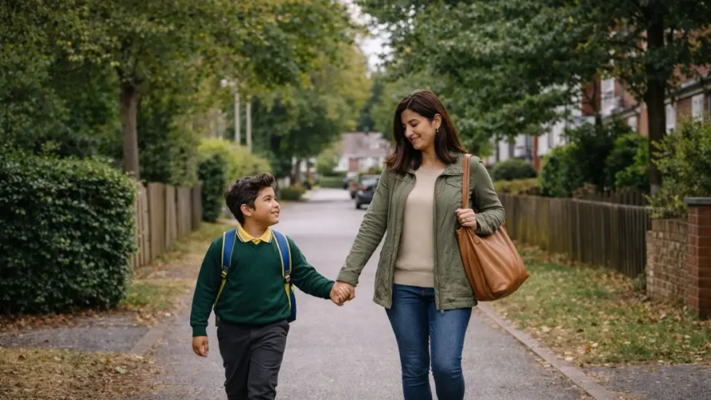 Child walking home from school with a parent after pick-up in a UK neighbourhood.
