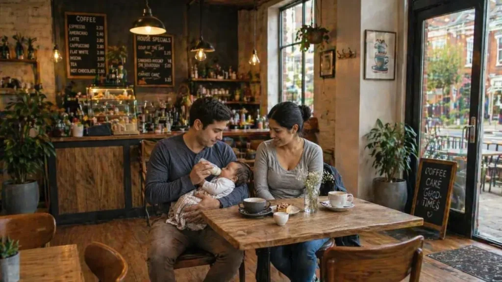 Dad bottle feeding baby in UK coffee shop while mum sits nearby