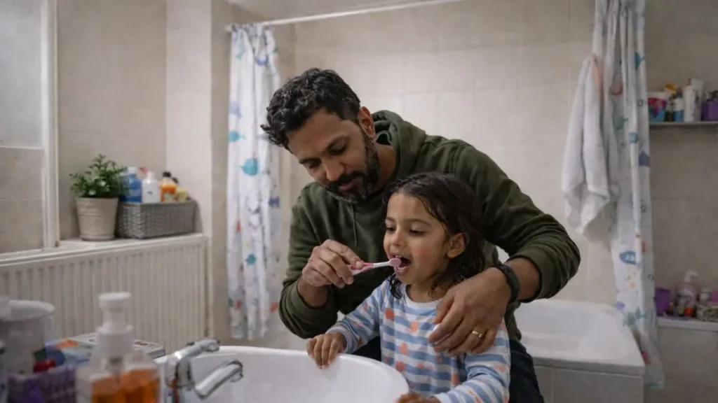 What helped us feel more confident as parents over time 3 Dad calmly supporting a child during a simple routine at home.