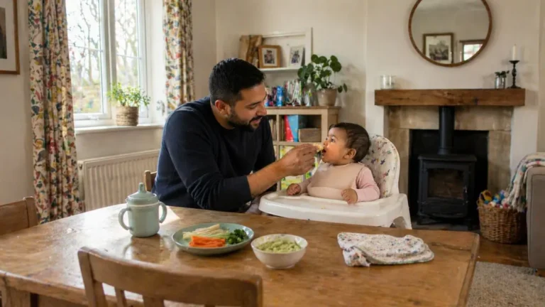 Dad feeding baby with spoon in highchair at home.
