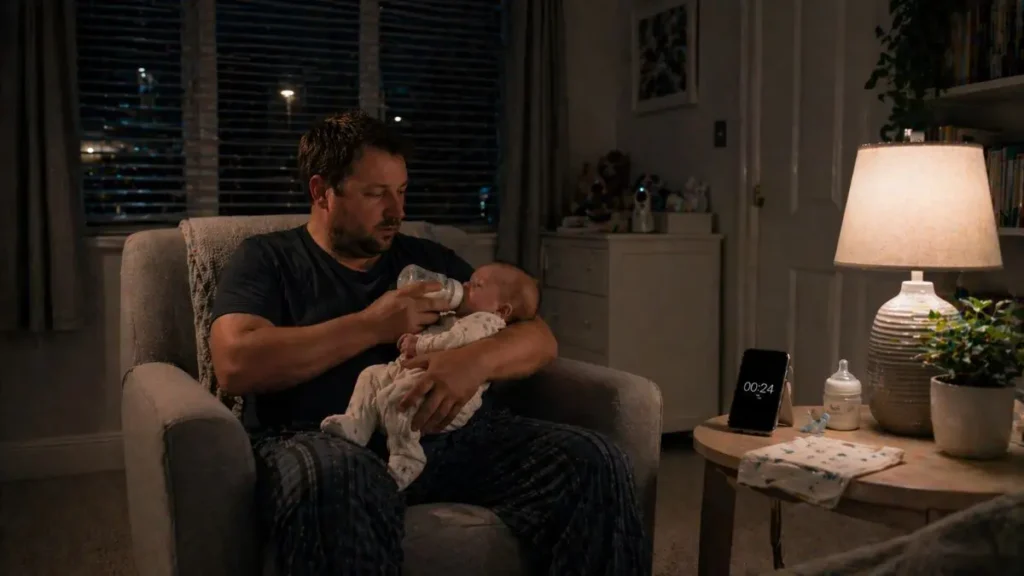 A Dadinist dad bottle feeding baby during a night feed at home