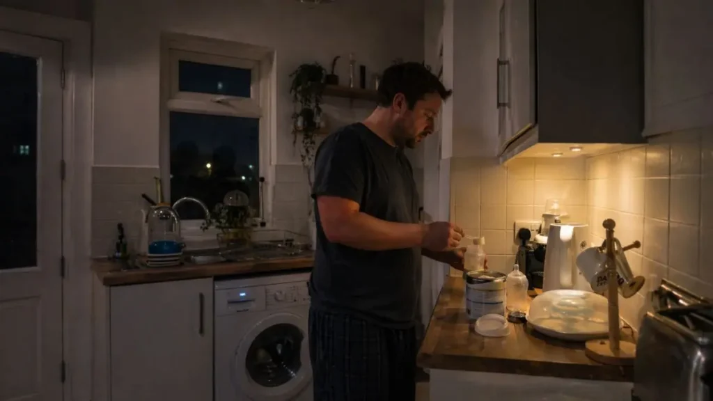 Dad preparing baby formula in kitchen at night.