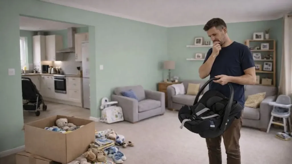 Parent sorting baby items into keep sell and donate piles.