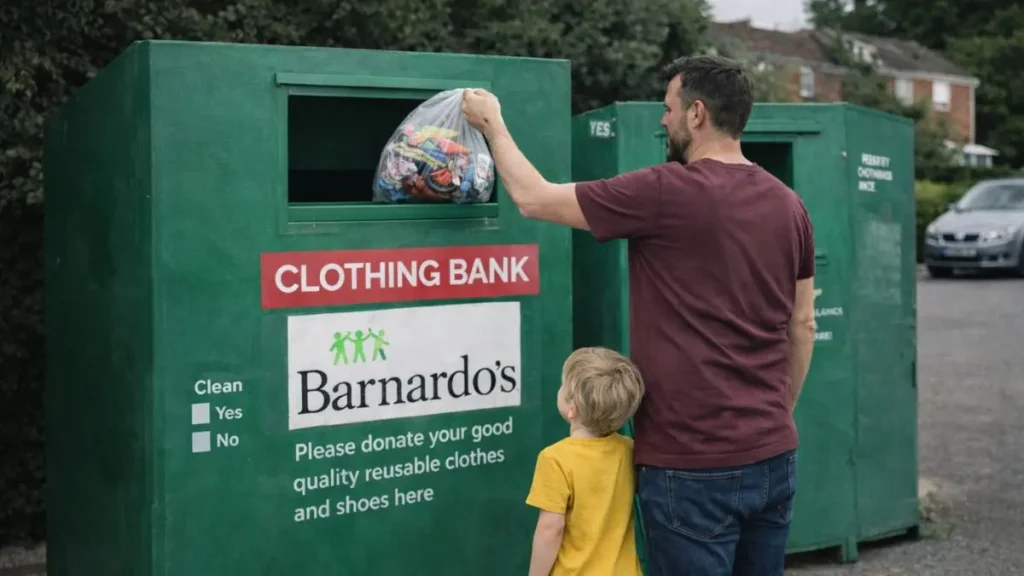 Parent placing a bag of baby clothes into a Barnardo’s clothing bank with a child nearby