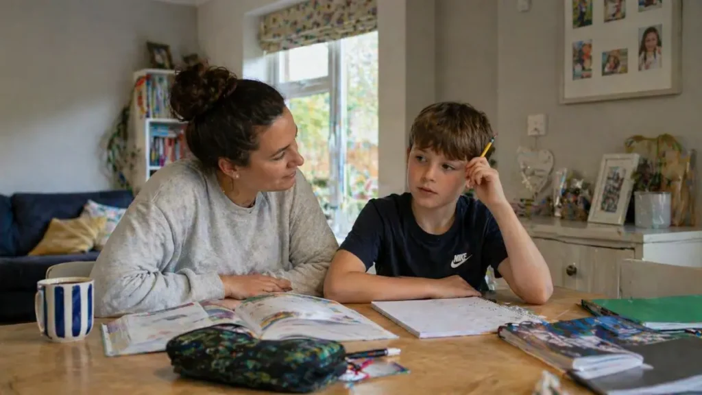Parent supporting child during homework while child appears distracted or thinking in a UK home.