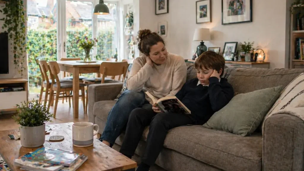 Child reading slowly with parent nearby in a UK home.