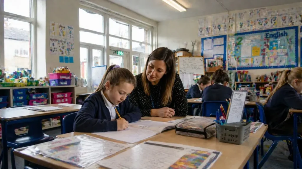 Child receiving classroom support from teacher in UK primary school.