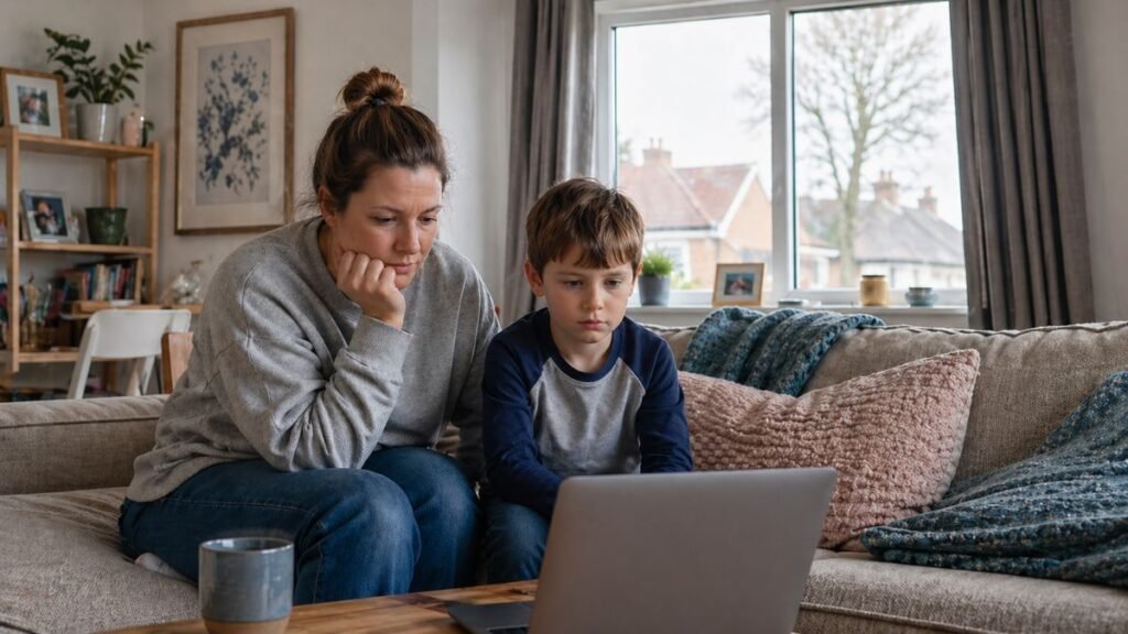 Mum and young boy sitting on a sofa watching dyslexia film - What is dyslexia on a laptop together in a UK living room