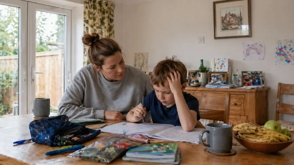 Mum helping her son with homework at a table while he looks frustrated in a UK home.
