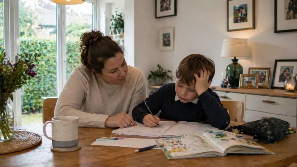 Parent helping child with homework at a table in a UK home.