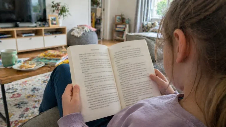 Child reading a book in a UK living room with text slightly blurred to represent dyslexia.
