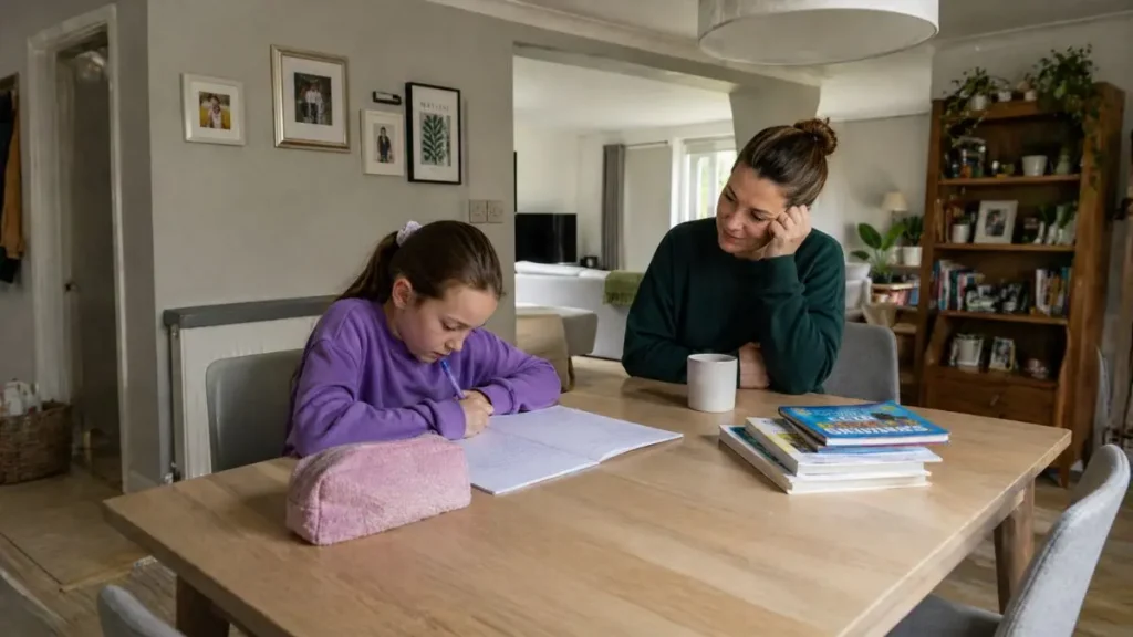 Child writing at a dining table with parent nearby offering support in a UK home.
