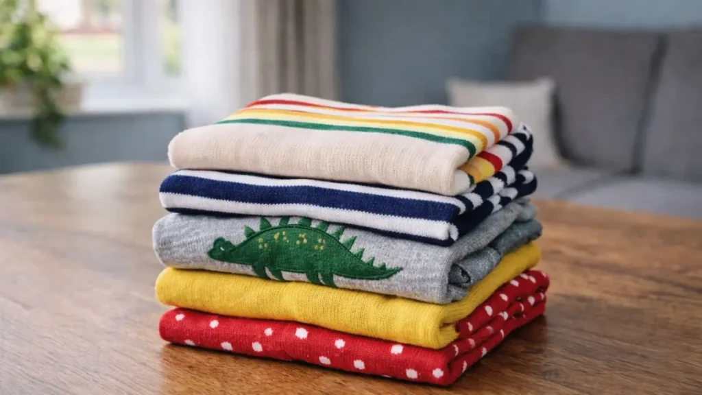 Neatly folded stack of baby clothes arranged as a bundle on a table.