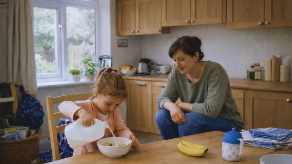 A child trying a task while a parent sits nearby offering support.