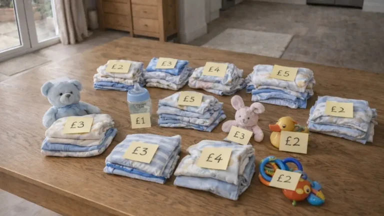 Baby clothes and toys grouped into small bundles with price labels on a table.