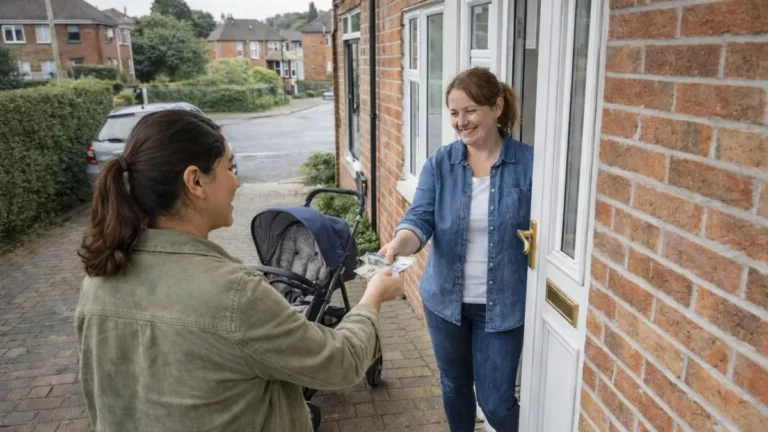 Mother paying cash at the door while collecting a pram from a UK home.