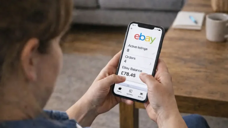 Mother using her phone to look at her ebay account after selling baby items online at home.