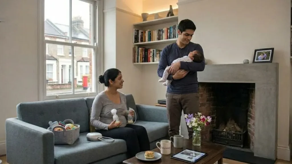 Mum expressing breast milk at home while dad holds baby nearby.