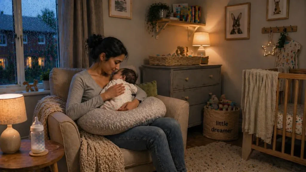 Mum holding baby calmly after feeding in nursery.