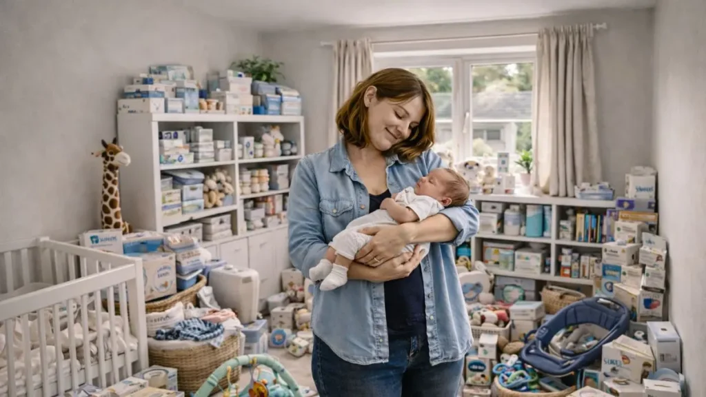 Overwhelmed nursery filled with too many baby products in a realistic UK home.
