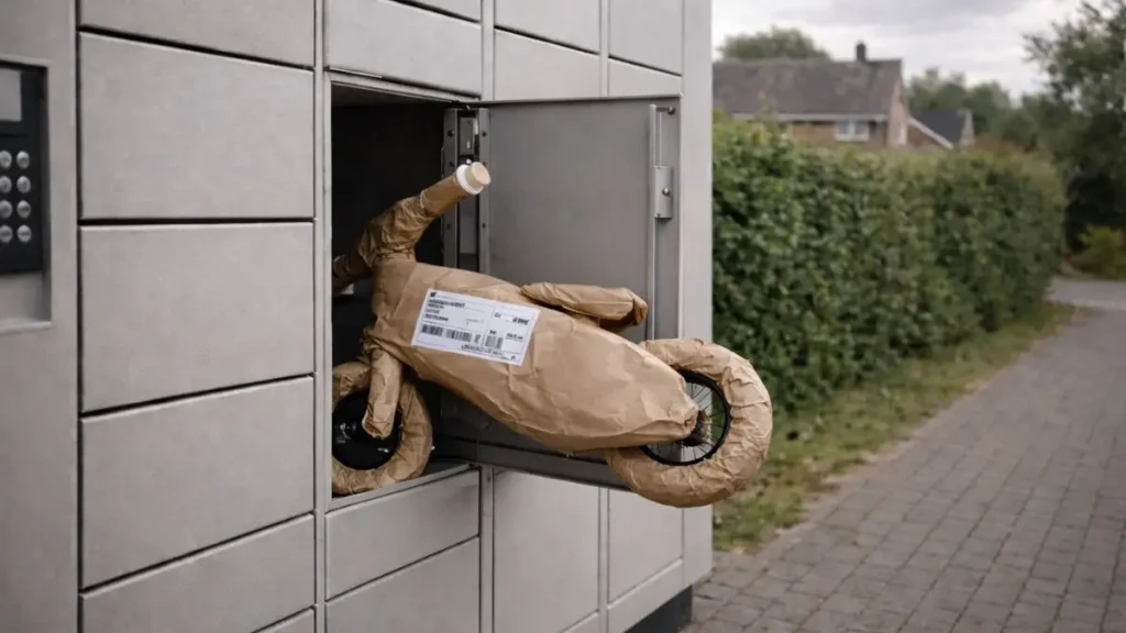 Wrapped toddler bike stuck halfway into a parcel locker that is too small.