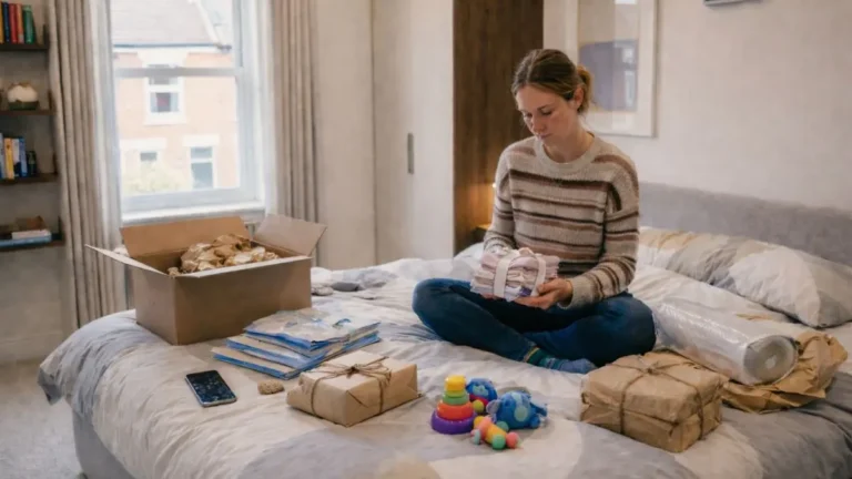 Parent sitting on a bed packing baby clothes into parcels for resale.