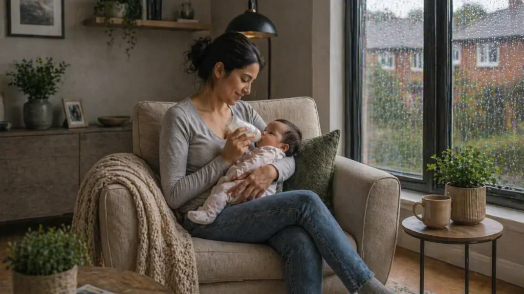 Mother bottle feeding newborn baby at home.