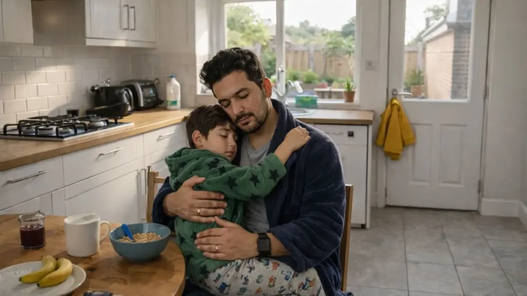 Father holding a young child in a calm, comforting moment at a kitchen table in a UK home