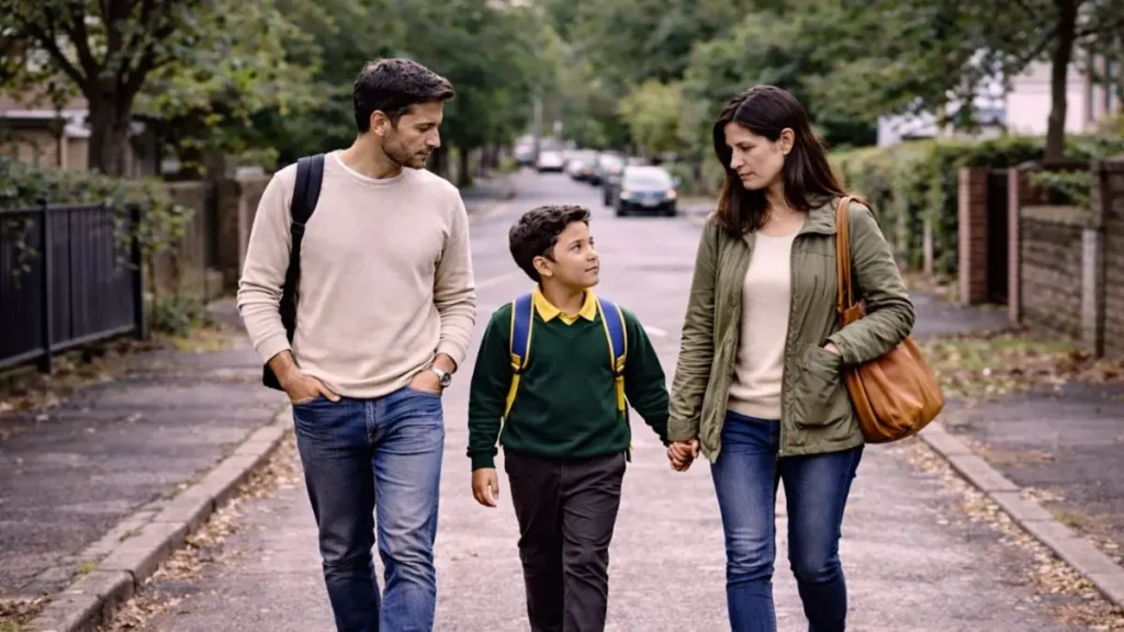 Parent and child walking home from school talking together.