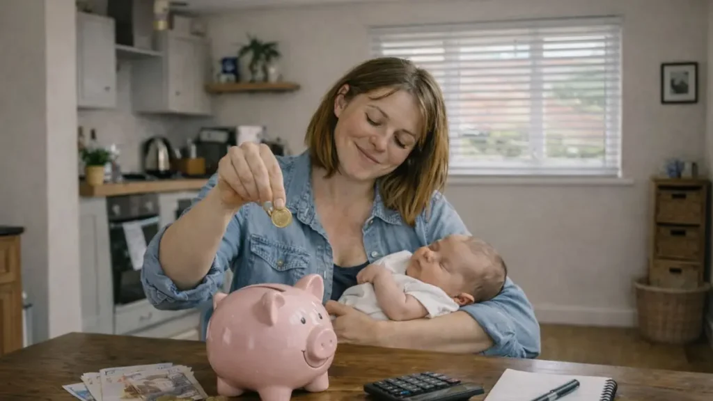 Parent adding money to a piggy bank while holding a newborn at home.