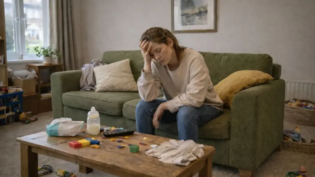 Parent sitting in a slightly messy living room looking tired and overwhelmed in a UK home.