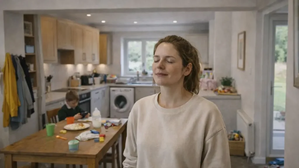Parent standing in a kitchen with eyes closed taking a slow breath during a busy moment in a UK home.